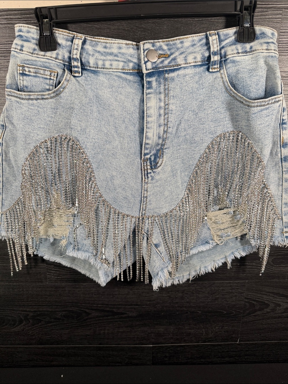 NWT Pieanke Rhinestone Fringe Denim Shorts Distressed Wash Festival Size XL